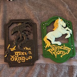 Fantasy Wall Plaques Set - Black and Yellow Dragon, Green and Cream Pony